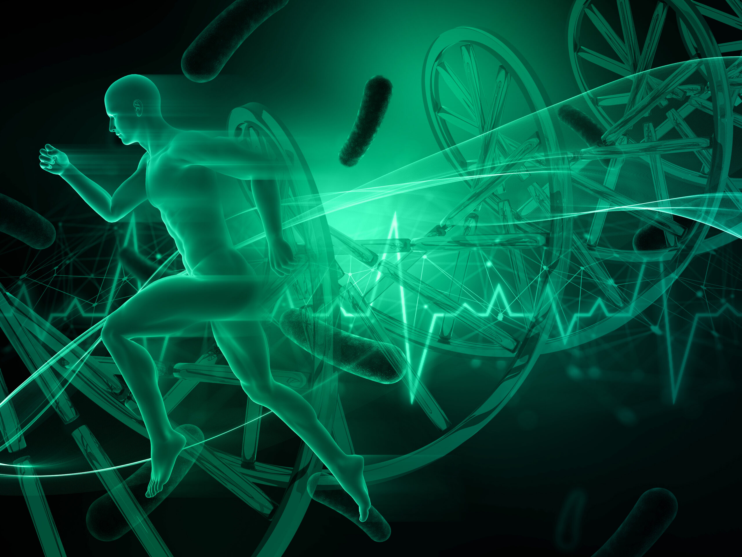 3D male figure running on abstract medical background